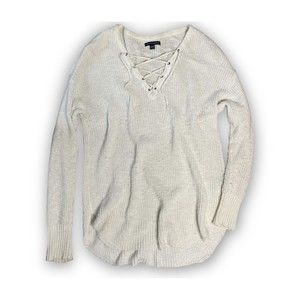 American Eagle Womens Sweater Ivory Cream Knit Top Lace Up Size M Stretch Fit